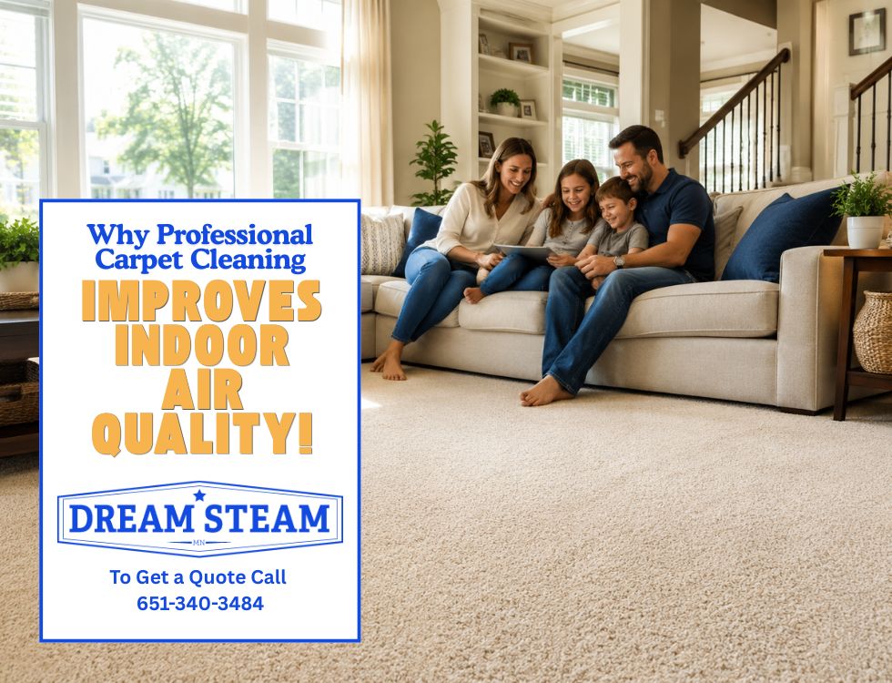 A bright, modern living room with freshly cleaned beige carpet, sunlight streaming through large windows, a happy family relaxing on the sofa, realistic photography style, clean and inviting atmosphere, no text, high resolution.